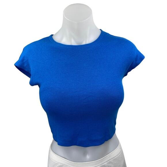 Zara Women's Blue Short Sleeve Crew Neck Knit T Shirt Tee Crop Top Size M - Picture 1 of 4